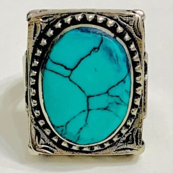 Southwestern Style Turquoise Oval Stone Ring, Ethnic Kuchi Ring, Afghan Jewelry, - Picture 6 of 11